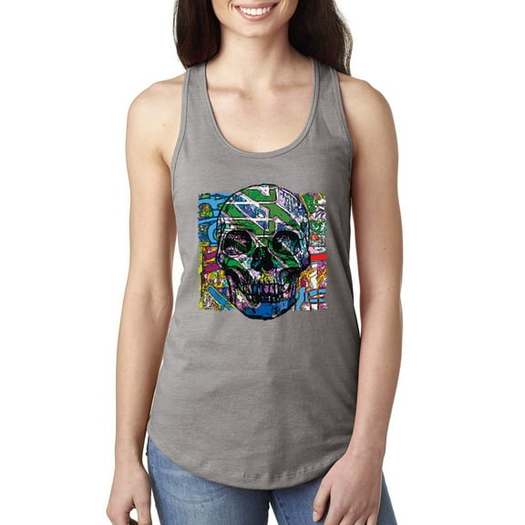 Wild Bobby, Colorful Abstract Skull Face Streetwear Ladies Racerback Tank Top, Heather Grey, Large