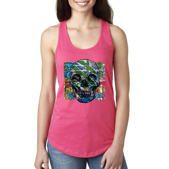 Wild Bobby, Colorful Abstract Skull Face Streetwear Ladies Racerback Tank Top, Hot Pink, X-Large