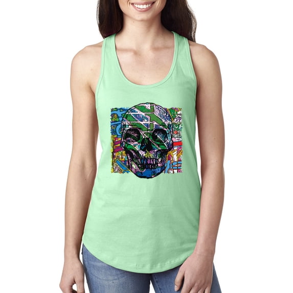 Wild Bobby, Colorful Abstract Skull Face Streetwear Ladies Racerback Tank Top, Mint, Large