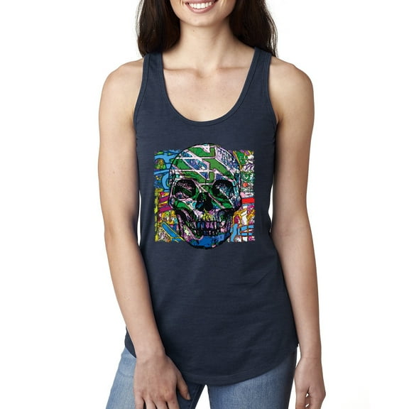 Wild Bobby, Colorful Abstract Skull Face Streetwear Ladies Racerback Tank Top, Navy, Medium