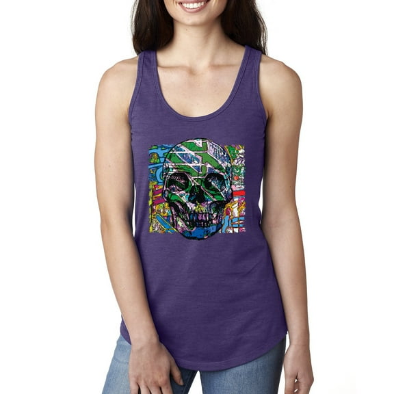 Wild Bobby, Colorful Abstract Skull Face Streetwear Ladies Racerback Tank Top, Purple Rush, X-Large