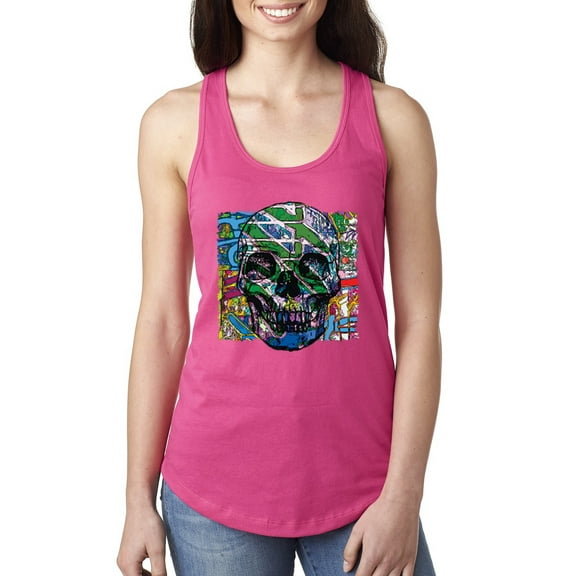 Wild Bobby, Colorful Abstract Skull Face Streetwear Ladies Racerback Tank Top, Raspberry, X-Large