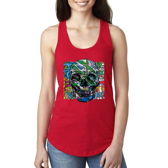 Wild Bobby, Colorful Abstract Skull Face Streetwear Ladies Racerback Tank Top, Red, Small