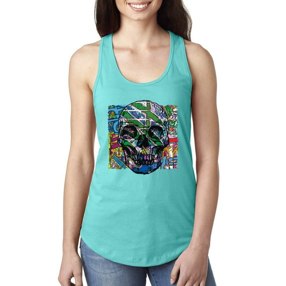 Wild Bobby, Colorful Abstract Skull Face Streetwear Ladies Racerback Tank Top, Tahiti Blue, Medium