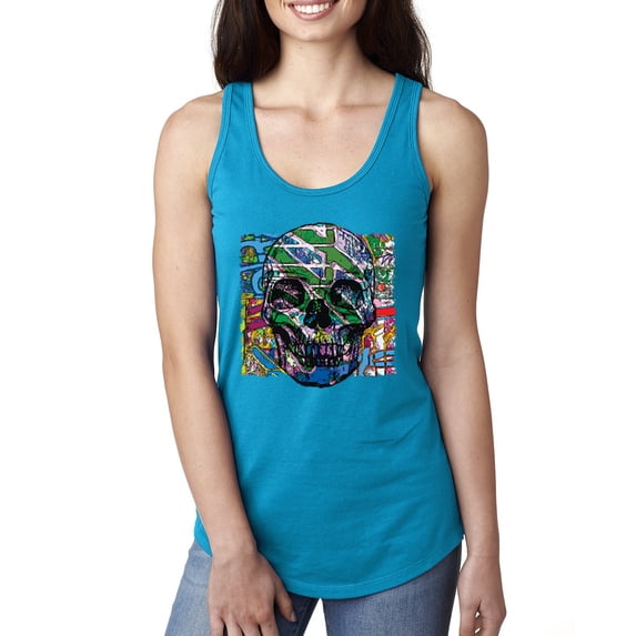 Wild Bobby, Colorful Abstract Skull Face Streetwear Ladies Racerback Tank Top, Turquoise, Medium