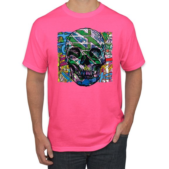 Wild Bobby, Colorful Abstract Skull Face Streetwear Men's Graphic T-Shirt, Neon Pink, X-Large