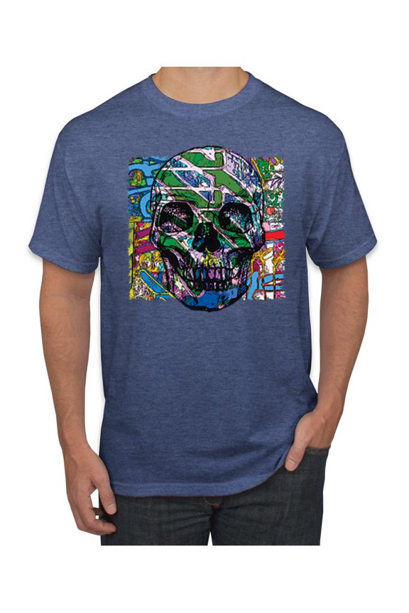 , Colorful Abstract Skull Face Streetwear Men's Graphic T-Shirt, Vintage Heather Blue, 5XL