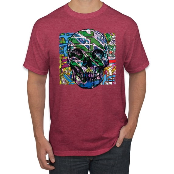 Wild Bobby, Colorful Abstract Skull Face Streetwear Men's Graphic T-Shirt, Vintage Heather Red, Medium