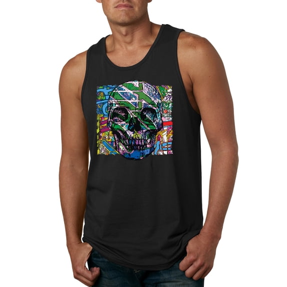 Wild Bobby, Colorful Abstract Skull Face Streetwear Mens Graphic Tank Top, Black, Large
