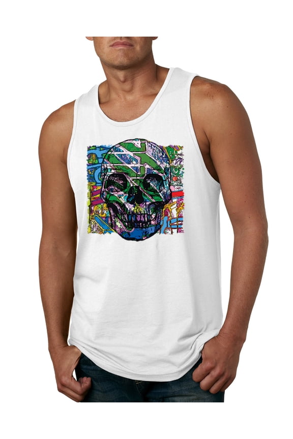 , Colorful Abstract Skull Face Streetwear Mens Graphic Tank Top, White, 3XL