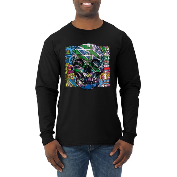 Wild Bobby, Colorful Abstract Skull Face Streetwear Mens Long Sleeve Shirt, Black, Small