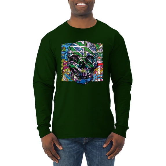 Wild Bobby, Colorful Abstract Skull Face Streetwear Mens Long Sleeve Shirt, Forest Green, 2XL
