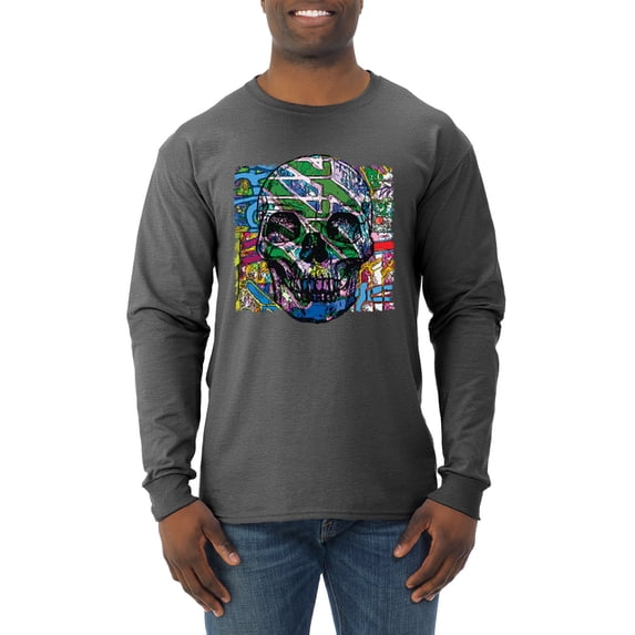 Wild Bobby, Colorful Abstract Skull Face Streetwear Mens Long Sleeve Shirt, Heather Black, Medium