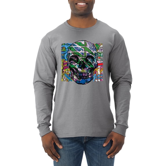 Wild Bobby, Colorful Abstract Skull Face Streetwear Mens Long Sleeve Shirt, Heather Grey, 3XL