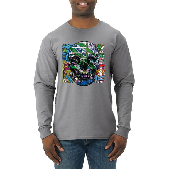 Wild Bobby, Colorful Abstract Skull Face Streetwear Mens Long Sleeve Shirt, Heather Grey, Medium