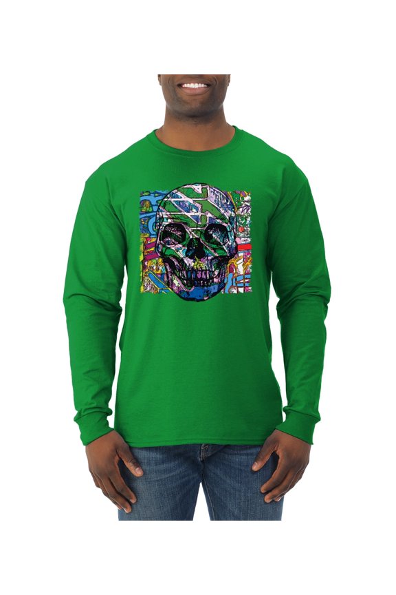 , Colorful Abstract Skull Face Streetwear Mens Long Sleeve Shirt, Kelly, Large