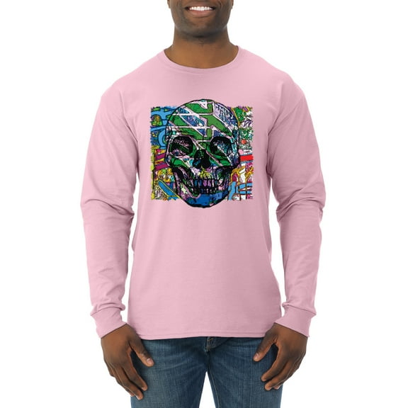 Wild Bobby, Colorful Abstract Skull Face Streetwear Mens Long Sleeve Shirt, Light Pink, Medium