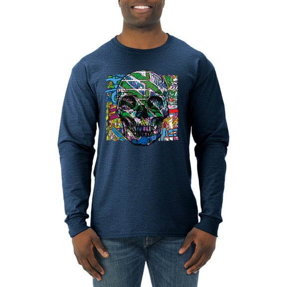 Wild Bobby, Colorful Abstract Skull Face Streetwear Mens Long Sleeve Shirt, Vintage Heather Navy, Small