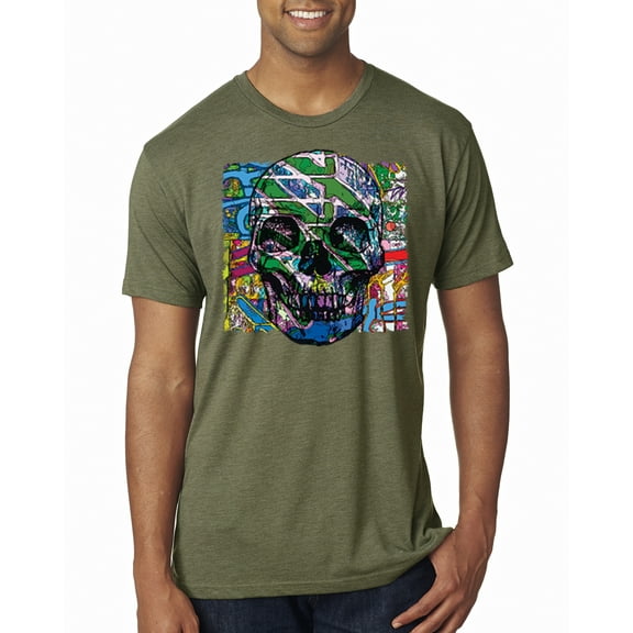 Wild Bobby, Colorful Abstract Skull Face Streetwear Mens Premium Tri Blend T-Shirt, Military Green, X-Large