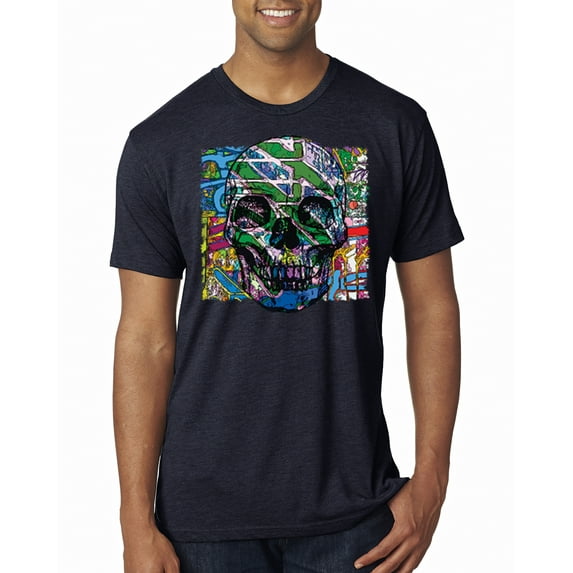 Wild Bobby, Colorful Abstract Skull Face Streetwear Mens Premium Tri Blend T-Shirt, Vintage Navy, Medium