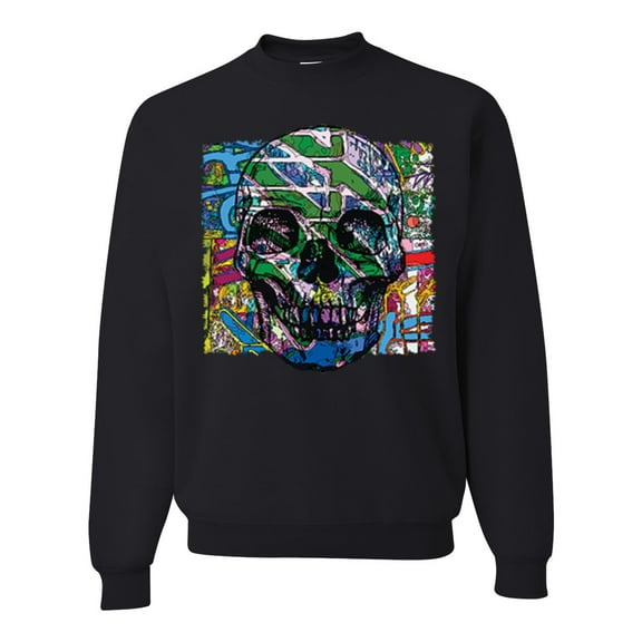 Wild Bobby, Colorful Abstract Skull Face Streetwear Unisex Crewneck Graphic Sweatshirt, Black, 2XL