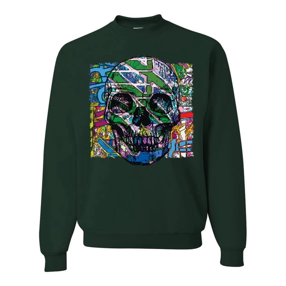 Wild Bobby, Colorful Abstract Skull Face Streetwear Unisex Crewneck Graphic Sweatshirt, Forest Green, Small