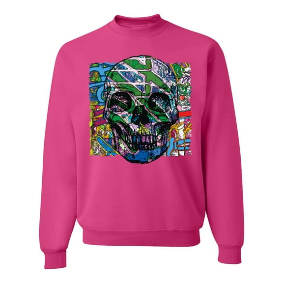 Wild Bobby, Colorful Abstract Skull Face Streetwear Unisex Crewneck Graphic Sweatshirt, Fuschia, Large
