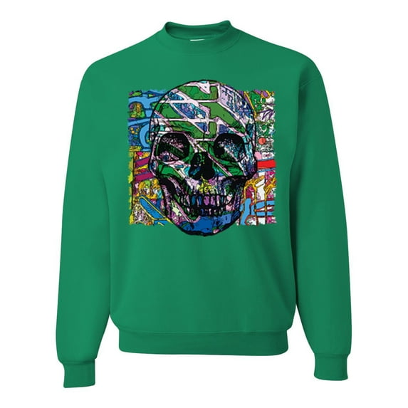 Wild Bobby, Colorful Abstract Skull Face Streetwear Unisex Crewneck Graphic Sweatshirt, Kelly, 4XL