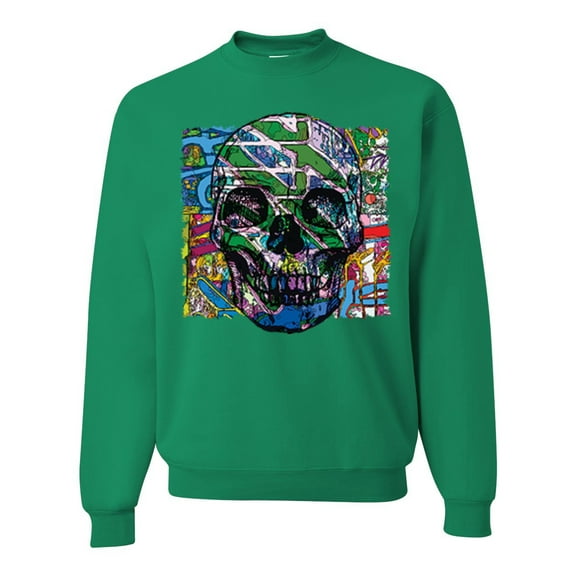 Wild Bobby, Colorful Abstract Skull Face Streetwear Unisex Crewneck Graphic Sweatshirt, Kelly, X-Large