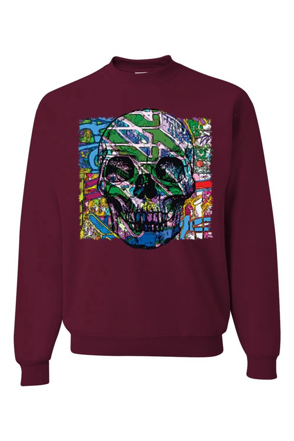 , Colorful Abstract Skull Face Streetwear Unisex Crewneck Graphic Sweatshirt, Maroon, Large