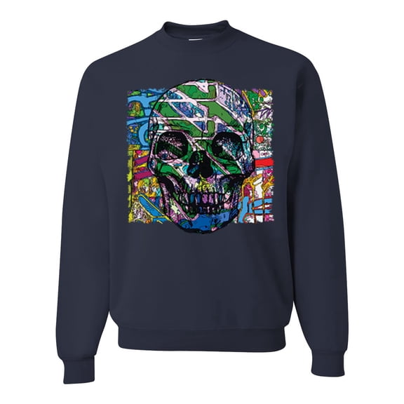 Wild Bobby, Colorful Abstract Skull Face Streetwear Unisex Crewneck Graphic Sweatshirt, Navy, X-Large
