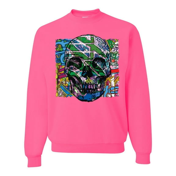 Wild Bobby, Colorful Abstract Skull Face Streetwear Unisex Crewneck Graphic Sweatshirt, Neon Pink, 3XL