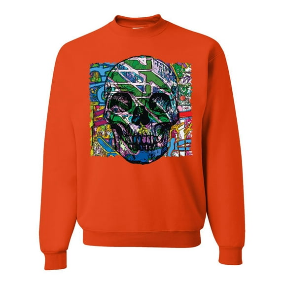 Wild Bobby, Colorful Abstract Skull Face Streetwear Unisex Crewneck Graphic Sweatshirt, Orange, 2XL