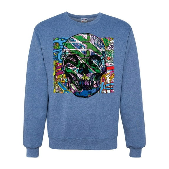 Wild Bobby, Colorful Abstract Skull Face Streetwear Unisex Crewneck Graphic Sweatshirt, Vintage Heather Blue, Large