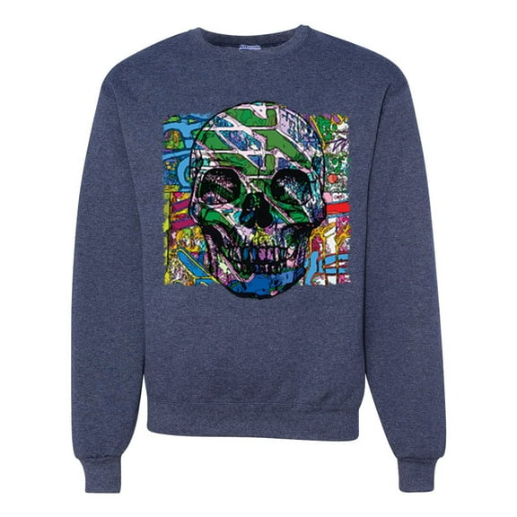 Wild Bobby, Colorful Abstract Skull Face Streetwear Unisex Crewneck Graphic Sweatshirt, Vintage Heather Navy, 2XL
