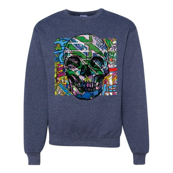 Wild Bobby, Colorful Abstract Skull Face Streetwear Unisex Crewneck Graphic Sweatshirt, Vintage Heather Navy, Large