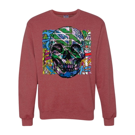 Wild Bobby, Colorful Abstract Skull Face Streetwear Unisex Crewneck Graphic Sweatshirt, Vintage Heather Red, Medium
