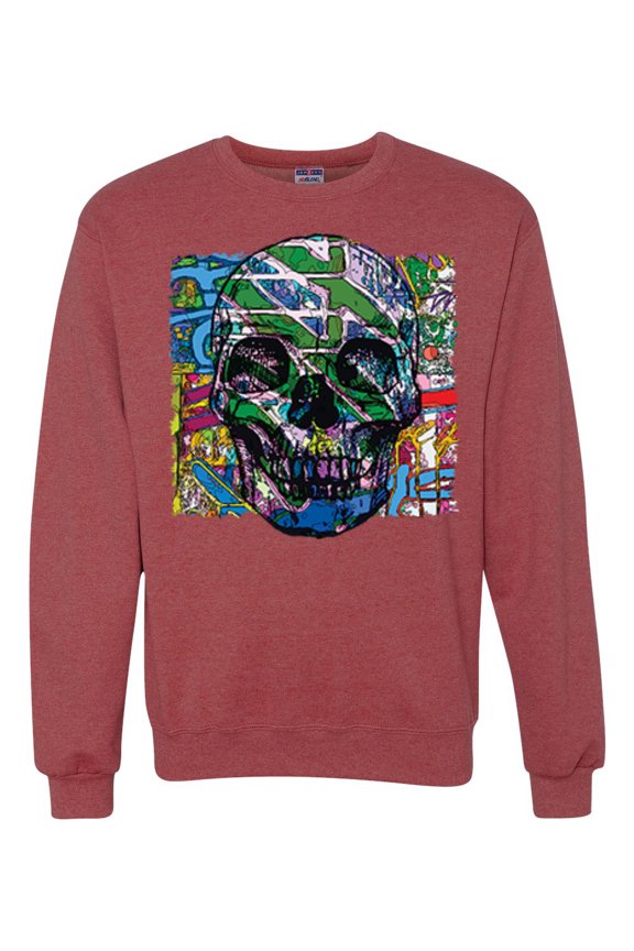 , Colorful Abstract Skull Face Streetwear Unisex Crewneck Graphic Sweatshirt, Vintage Heather Red, Small