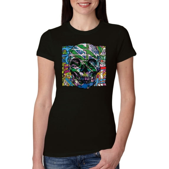 Colorful Abstract Skull Face Streetwear Womens Slim Fit Junior Tee, Black, Medium