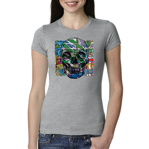 Wild Bobby, Colorful Abstract Skull Face Streetwear Womens Slim Fit Junior Tee, Heather Grey, Large