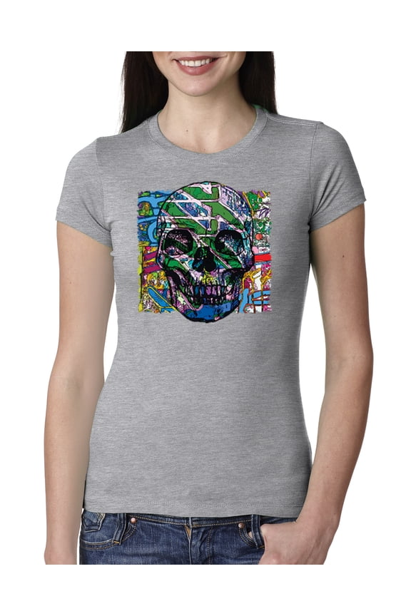 , Colorful Abstract Skull Face Streetwear Womens Slim Fit Junior Tee, Heather Grey, Medium