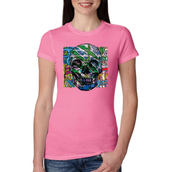 Colorful Abstract Skull Face Streetwear Womens Slim Fit Junior Tee, Hot Pink, Medium
