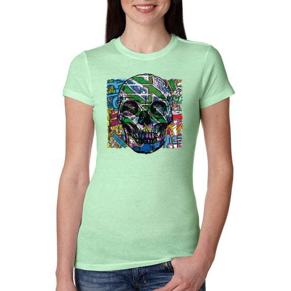 Colorful Abstract Skull Face Streetwear Womens Slim Fit Junior Tee, Mint, Medium