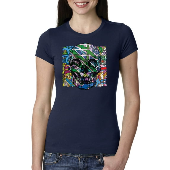 Colorful Abstract Skull Face Streetwear Womens Slim Fit Junior Tee, Navy, Small