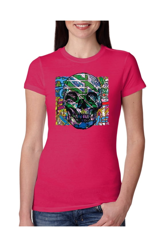 , Colorful Abstract Skull Face Streetwear Womens Slim Fit Junior Tee, Raspberry, X-Large