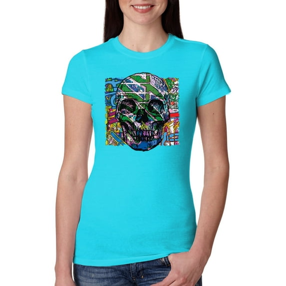 Wild Bobby, Colorful Abstract Skull Face Streetwear Womens Slim Fit Junior Tee, Tahiti Blue, Large