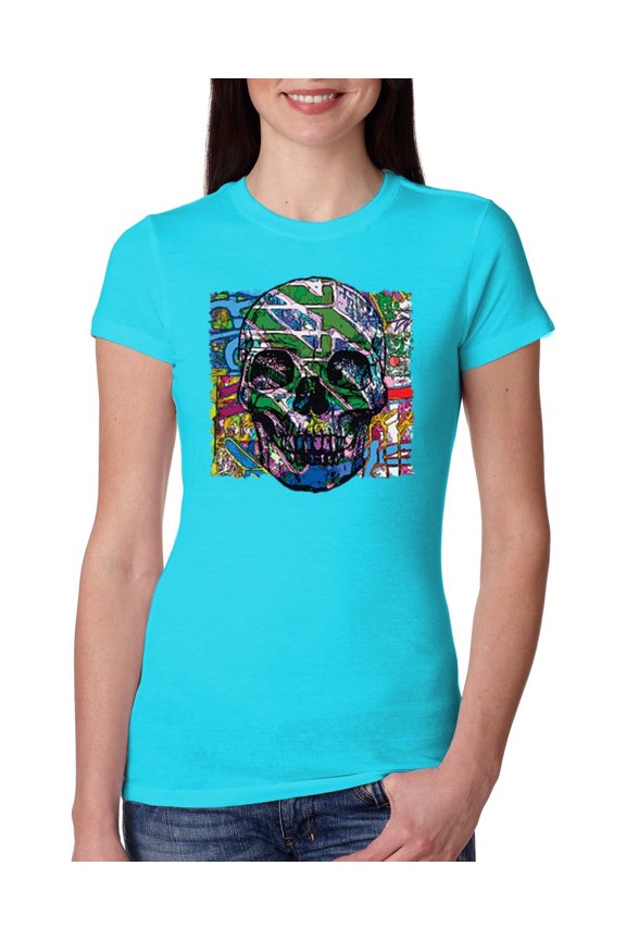 , Colorful Abstract Skull Face Streetwear Womens Slim Fit Junior Tee, Tahiti Blue, Large