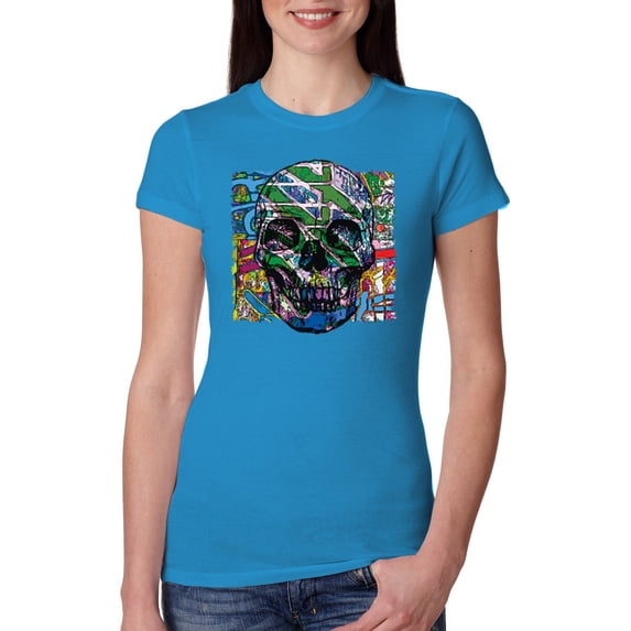 Wild Bobby, Colorful Abstract Skull Face Streetwear Womens Slim Fit Junior Tee, Turquoise, X-Large