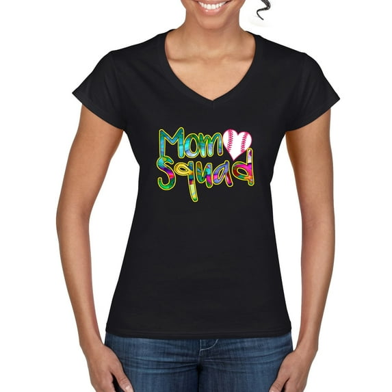 Wild Bobby, Colorful Baseball Mom Squad, Sports, Women Standard V-Neck Tee, Black, Small