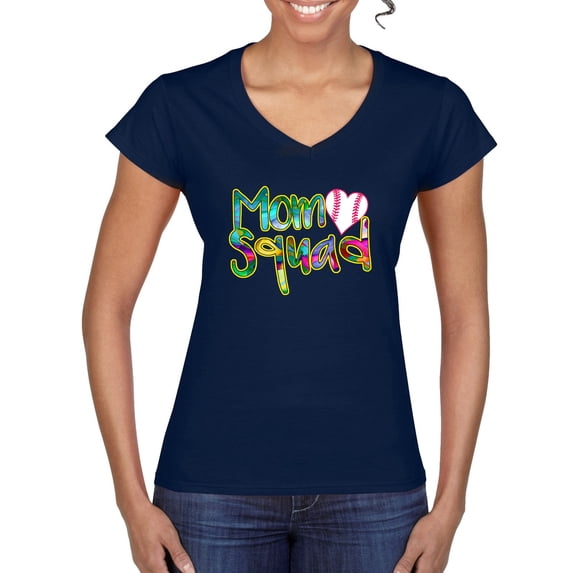 Wild Bobby, Colorful Baseball Mom Squad, Sports, Women Standard V-Neck Tee, Navy, Small